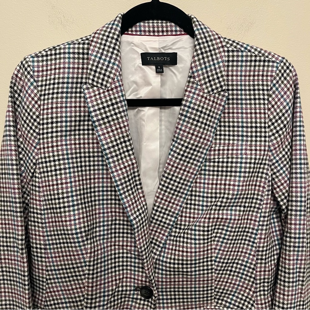 Talbots Houndstooth Blazer Women's Size 6 Wool Blend Black Blue Pink